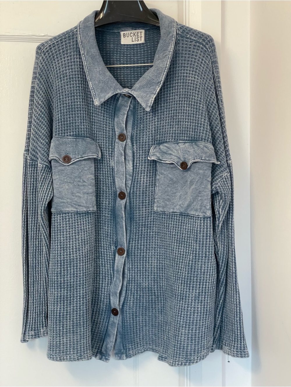 BUCKETLIST Oversized Vintage-Washed Blue Waffle-Knit Button Down Top